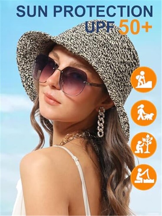 Women\'s Sun Hat Handmade Crochet Straw Bucket Hat Summer UV Protection Foldable main image 5